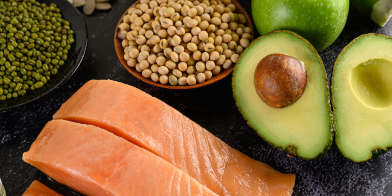 Fresh salmon, avocado, and grains