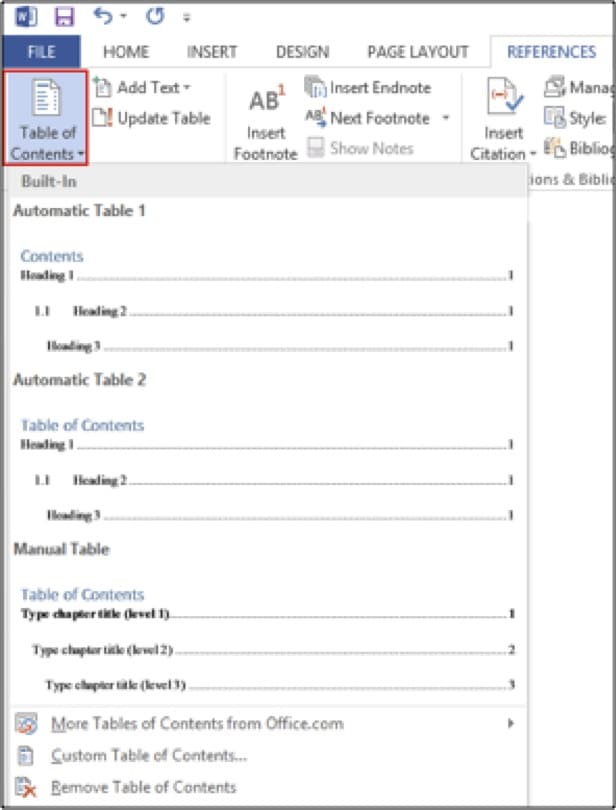 microsoft word table of contents formatting align