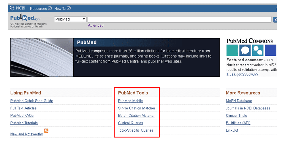 PubMed website navigation and tools