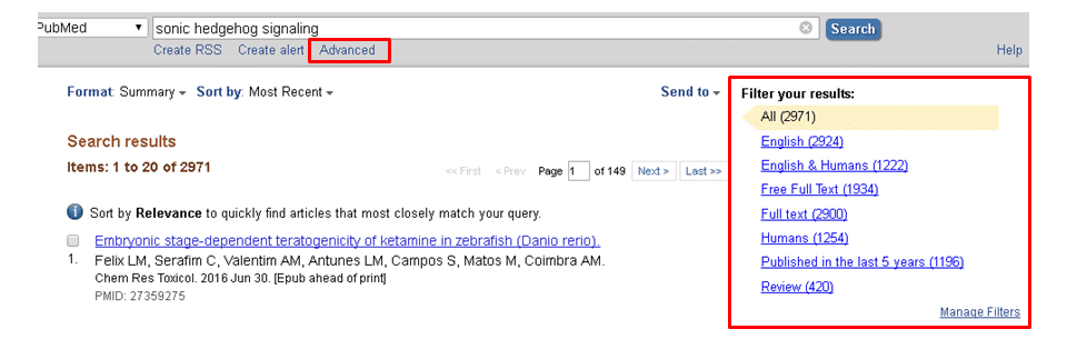 PubMed search results interface screenshot