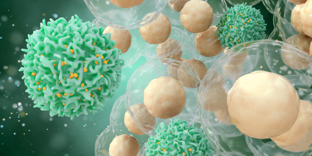 Image of T cells and cancer cells highlighting how CRISPR can be used to enhance T cells anti cancer abilities.