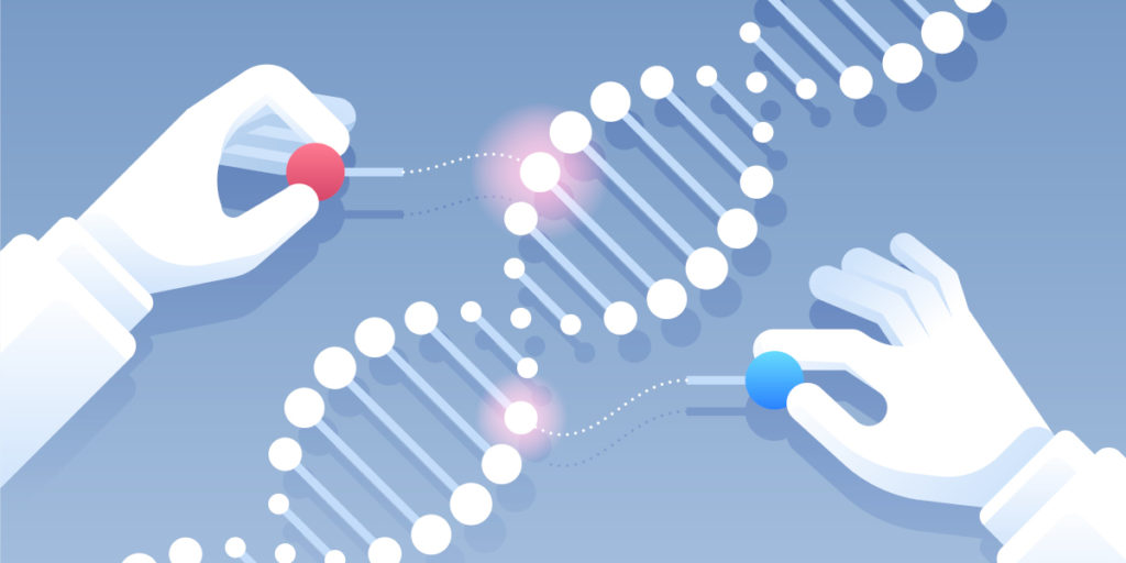 Image of two hands altering DNA to depict CRISPR genome editing