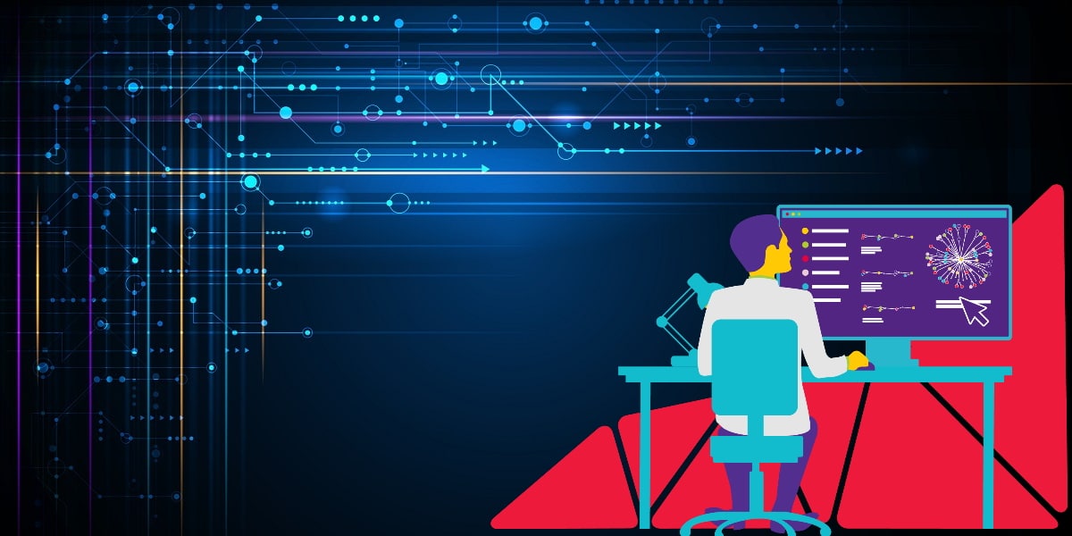 Cartoon depicting a cheminformatician at a computer using the SYNTHIA™ retrosynthesis software to represent computer-aided pathway design
