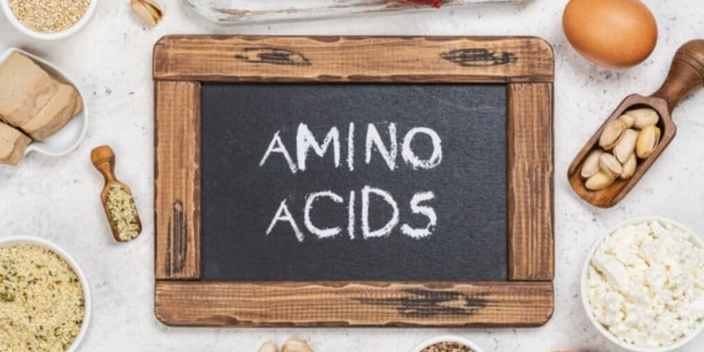 Image of chalkboard with the words amino acids surrounded by health foods to juxtapose the topic of unnatural amino acids