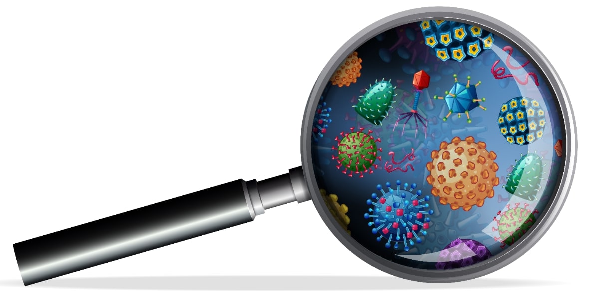 Little biomolecules in a magnifying glass showing the types of things that can be viewed using electron microscopy