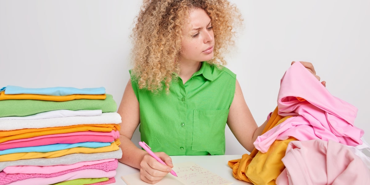 A girl examining a pile of unfolded washing to illustrate protein folding by NMR