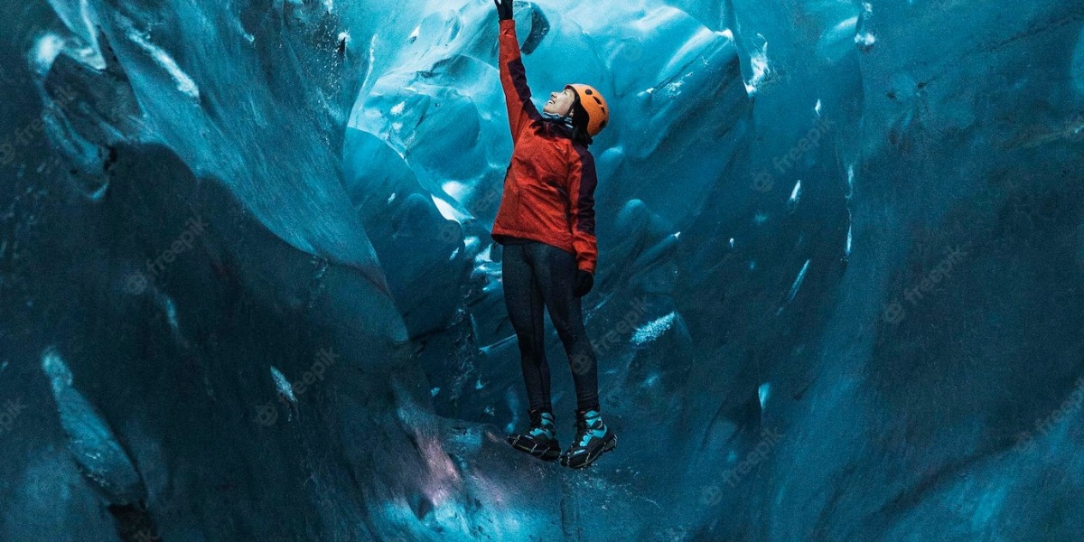 Explorer in a cave of ice to represent the extreme temperatures required during cryo-EM sample prep