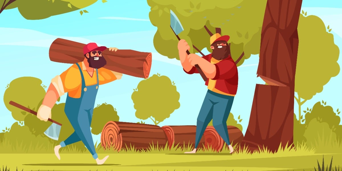 Cartoon of lumberjacks as a play on words for splitting cells to represent how to passage cells