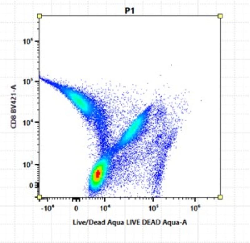 Spectral unmixing in flow cytometry. Data with unmixing errors.