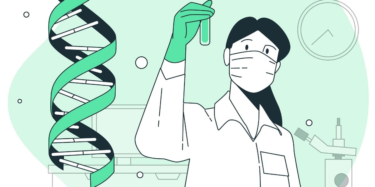 Cartoon Scientist holding a test tube next to an oversized DNA molecule to represent plasmid vs genomic DNA extraction