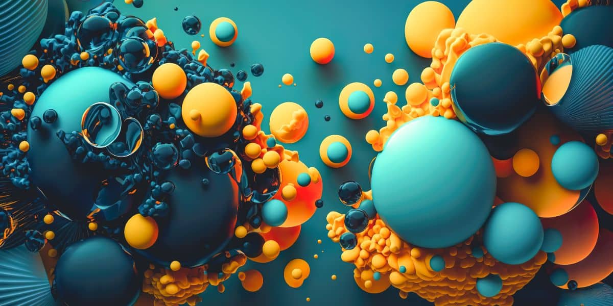 Abstract graphic of teal and orange shapes depicting the power and benefits of Volume Electron Microscopy.