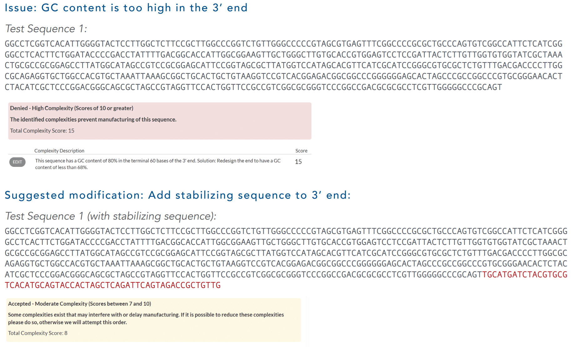 Reduzindo a pontuação da complexidade de um fragmento de DNA de Gblocks, adicionando uma sequência estabilizadora