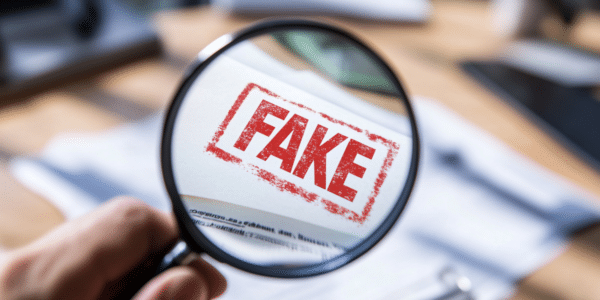 Magnifying glass over 'FAKE' stamp