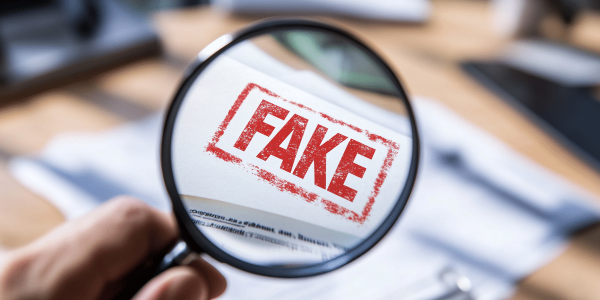 Magnifying glass over 'FAKE' stamp