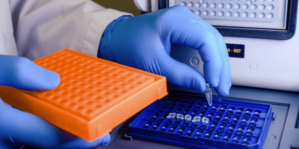 Laboratory worker handling RT-qPCR samples and equipment